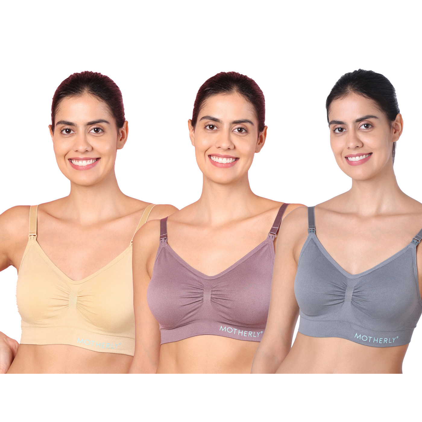 Motherly Maternity Bra Padded Breastfeeding Nursing Bras for Women with Removable Pads (Medium, Grey+ Bean Paste+ White) - MOTHERLY