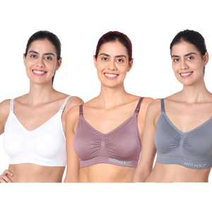 motherly Maternity Bra Padded Breastfeeding Nursing Bras for Women with Removable Pads (Medium, Grey+ Bean Paste+ White) - Grey+ Bean paste+ White / S