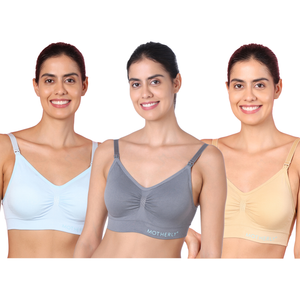 motherly Maternity Bra Padded Breastfeeding Nursing Bras for Women with Removable Pads (Medium, Grey+ Bean Paste+ White) - Grey+ Skin+ Blue / S