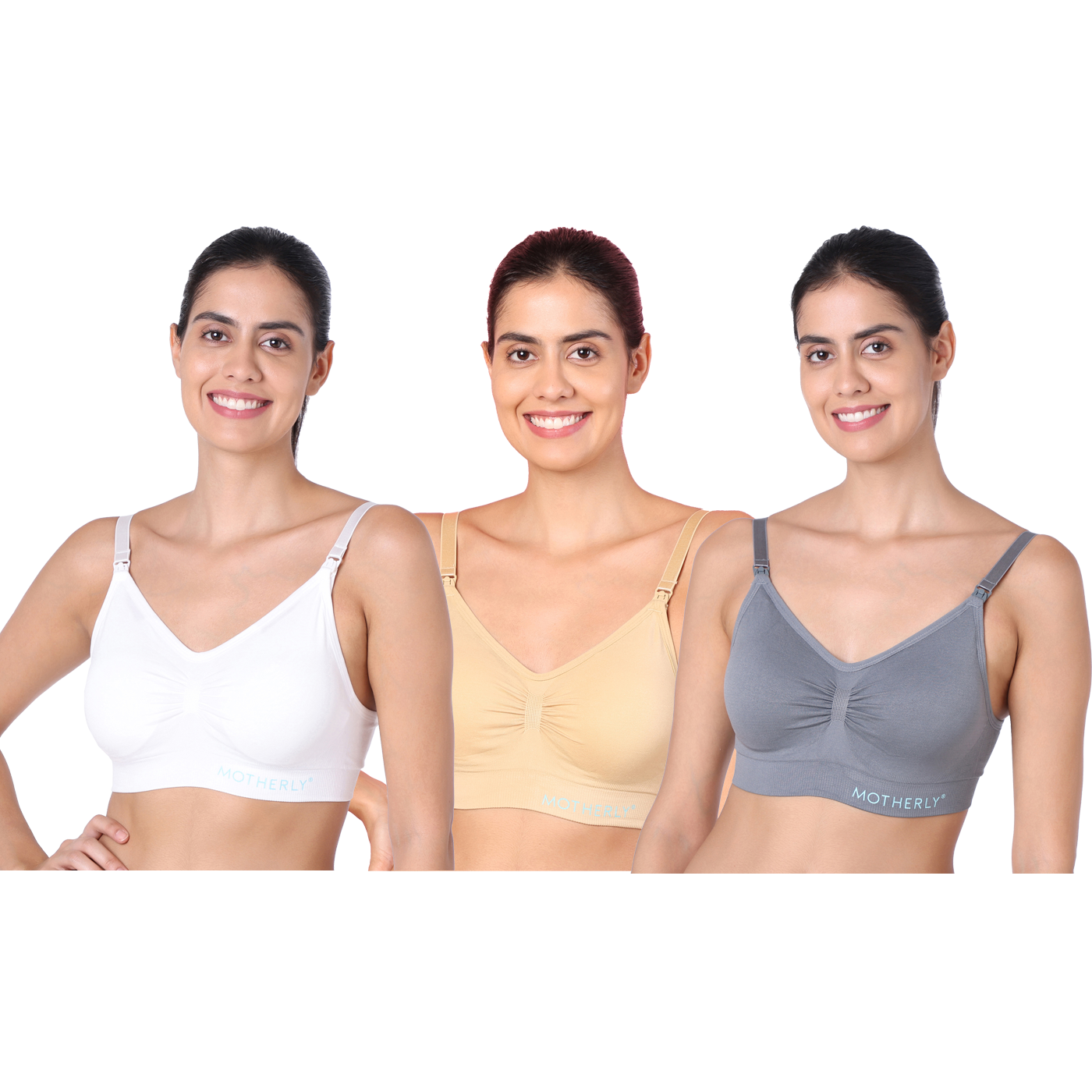 Motherly Maternity Bra Padded Breastfeeding Nursing Bras for Women with Removable Pads (Medium, Grey+ Bean Paste+ White) - MOTHERLY