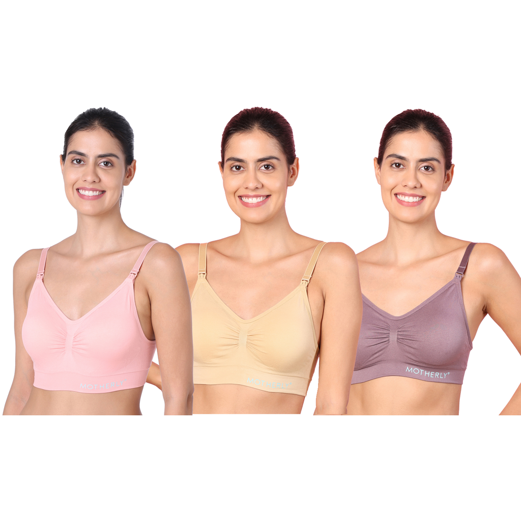 Motherly Maternity Bra Padded Breastfeeding Nursing Bras for Women with Removable Pads (Medium, Grey+ Bean Paste+ White) - MOTHERLY