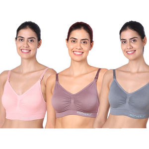 motherly Maternity Bra Padded Breastfeeding Nursing Bras for Women with Removable Pads (Medium, Grey+ Bean Paste+ White) - Grey+ Bean paste+ Pink / S