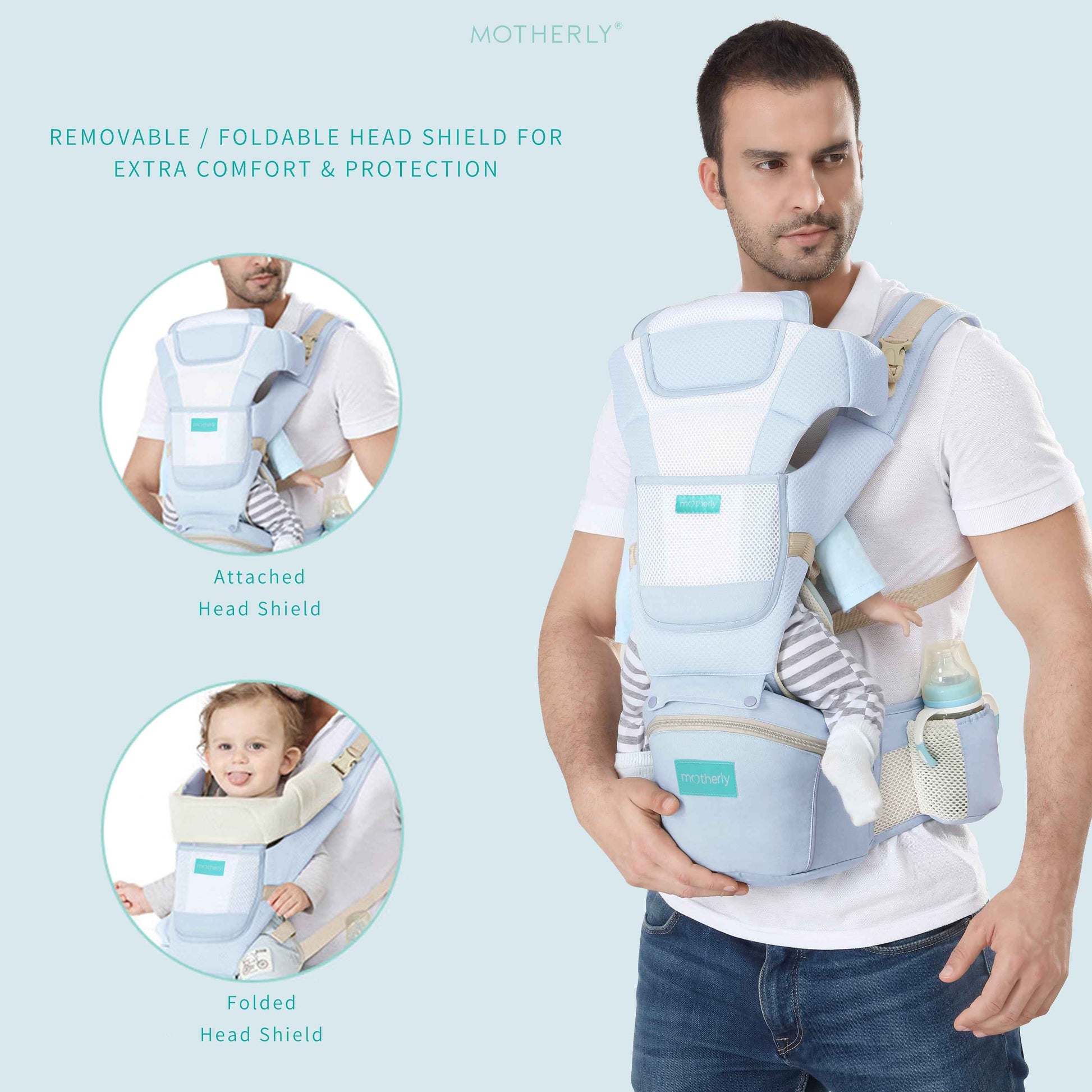 Motherly Baby Carrier for 0 to 3 Year Baby – Adjustable Hands Free 6-in-1 Baby Carrier with Detachable Hip Seat | baby carrier for new born |  Toddler Carrier with Head Support & Buckle Strap for Hiking & Everyday Use (Blue)