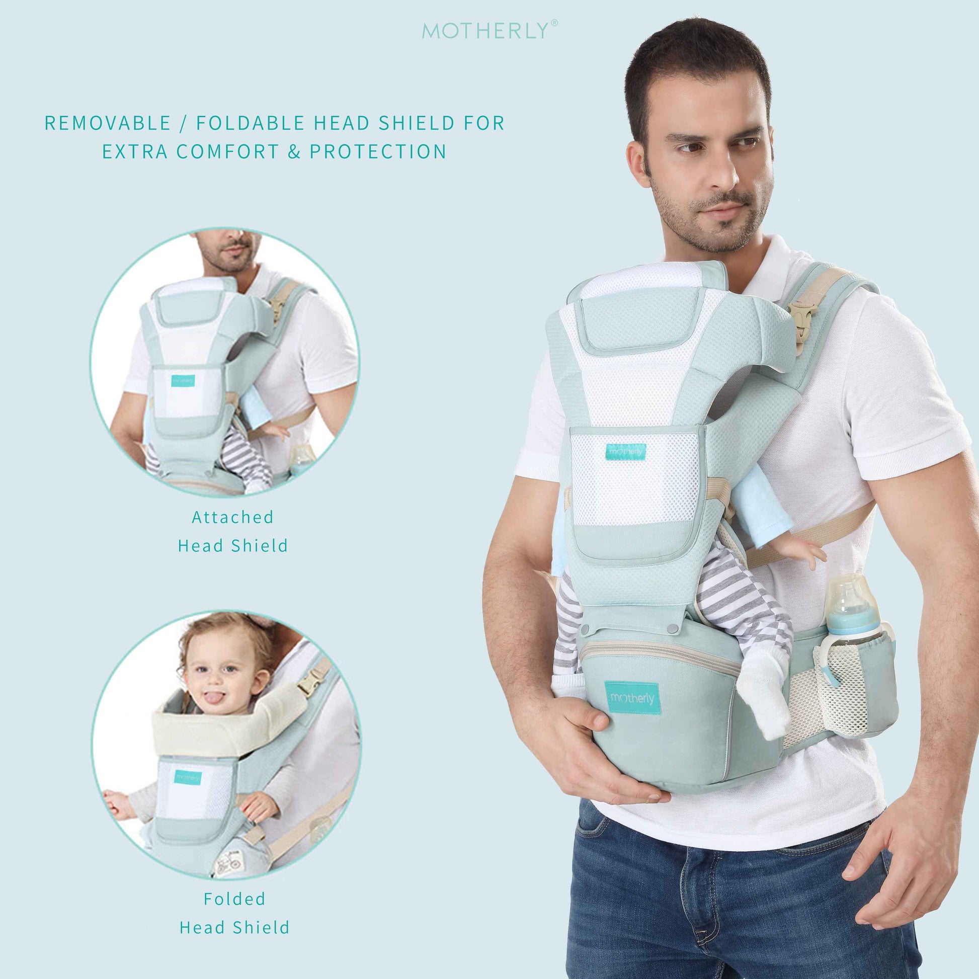 Motherly Baby Carrier for 0 to 3 Year Baby – Adjustable Hands Free 6-in-1 Baby Carrier with Detachable Hip Seat | baby carrier for new born |  Toddler Carrier with Head Support & Buckle Strap for Hiking & Everyday Use (Blue)