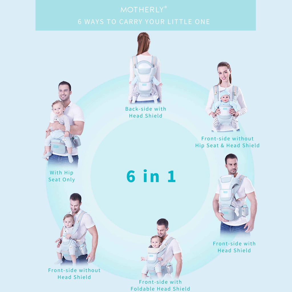 Motherly Baby Carrier for 0 to 3 Year Baby – Adjustable Hands Free 6-in-1 Baby Carrier with Detachable Hip Seat | baby carrier for new born |  Toddler Carrier with Head Support & Buckle Strap for Hiking & Everyday Use (Blue)