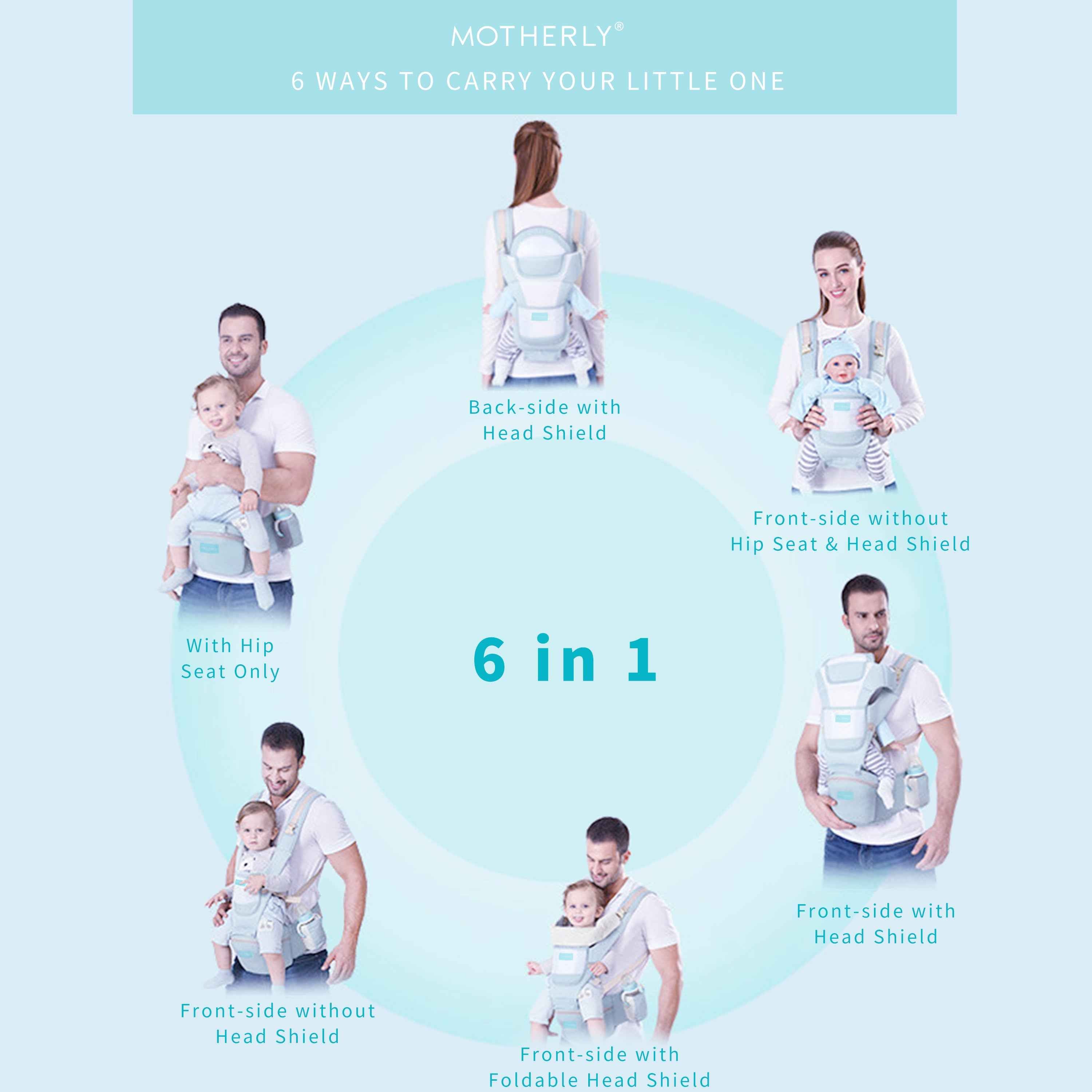 Motherly Baby Carrier for 0 to 3 Year Baby – Adjustable Hands Free 6-in-1 Baby Carrier with Detachable Hip Seat | baby carrier for new born |  Toddler Carrier with Head Support & Buckle Strap for Hiking & Everyday Use (Blue)