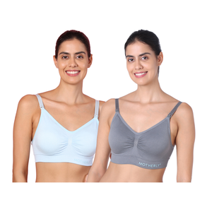 motherly Maternity Bra Padded Breastfeeding Nursing Bras for Women with Removable Pads (Medium, Grey + Skin) - Grey + Blue / S