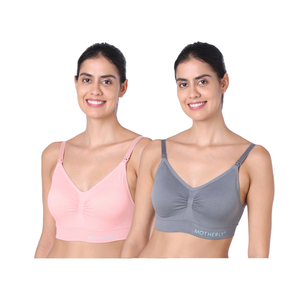motherly Maternity Bra Padded Breastfeeding Nursing Bras for Women with Removable Pads (Medium, Grey + Skin) - Grey + Pink / S