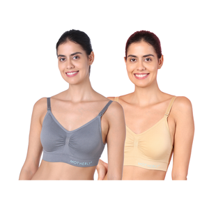 motherly Maternity Bra Padded Breastfeeding Nursing Bras for Women with Removable Pads (Medium, Grey + Skin) - Grey + Skin / S