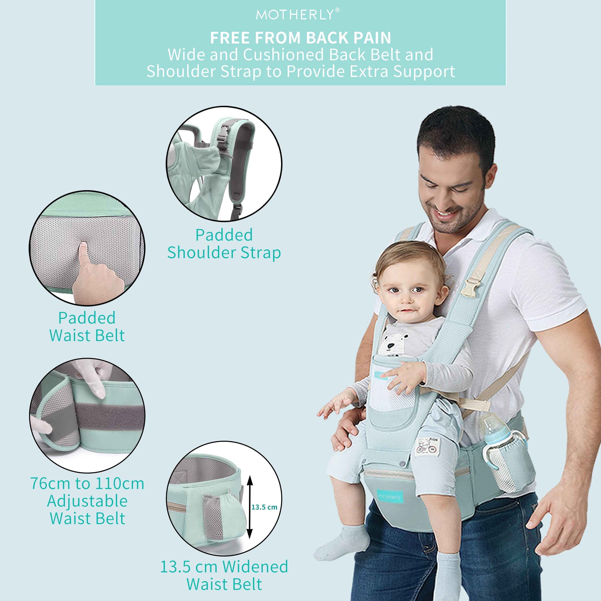 Motherly Baby Carrier for 0 to 3 Year Baby – Adjustable Hands Free 6-in-1 Baby Carrier with Detachable Hip Seat | baby carrier for new born |  Toddler Carrier with Head Support & Buckle Strap for Hiking & Everyday Use (Blue)