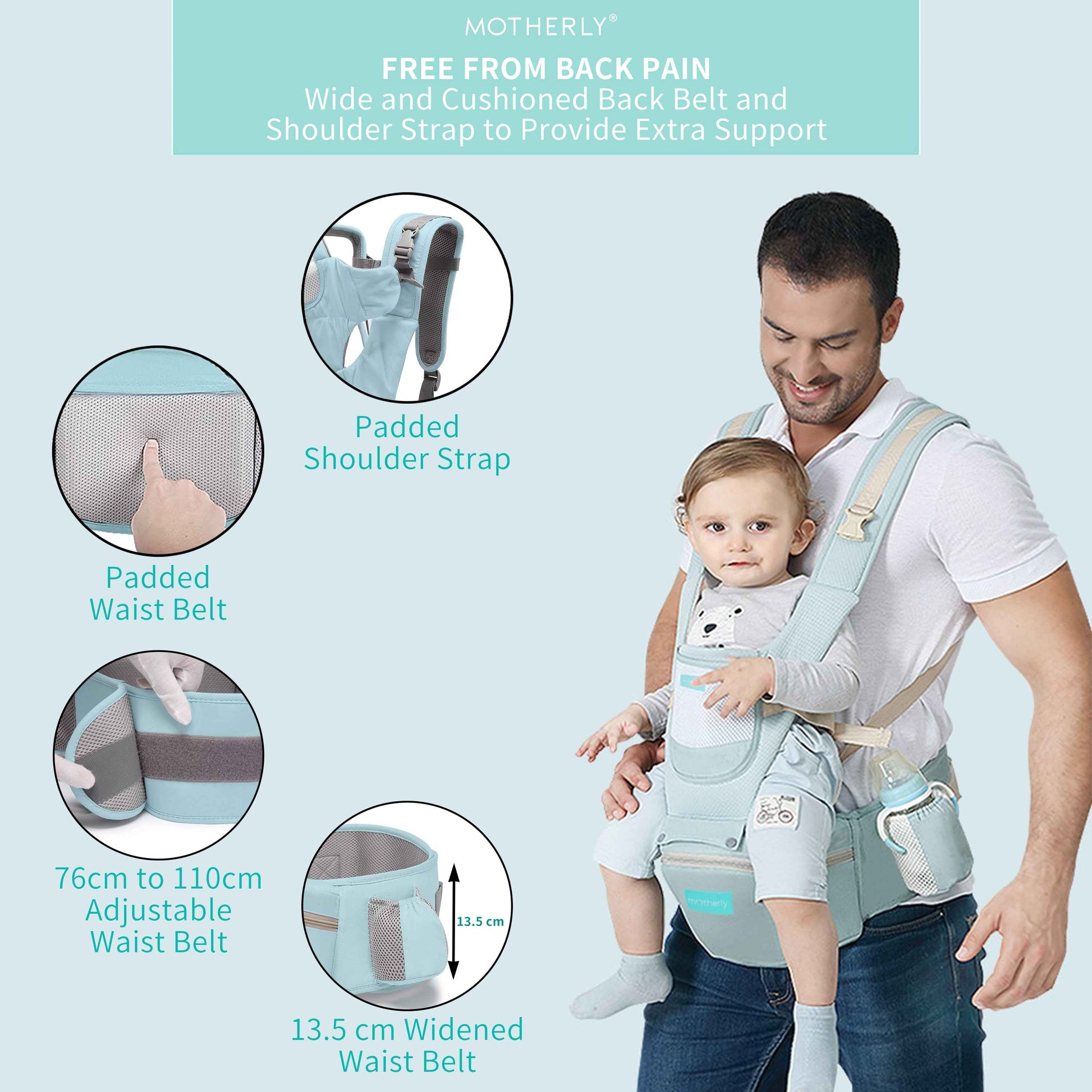 Motherly Baby Carrier for 0 to 3 Year Baby – Adjustable Hands Free 6-in-1 Baby Carrier with Detachable Hip Seat | baby carrier for new born |  Toddler Carrier with Head Support & Buckle Strap for Hiking & Everyday Use (Blue)