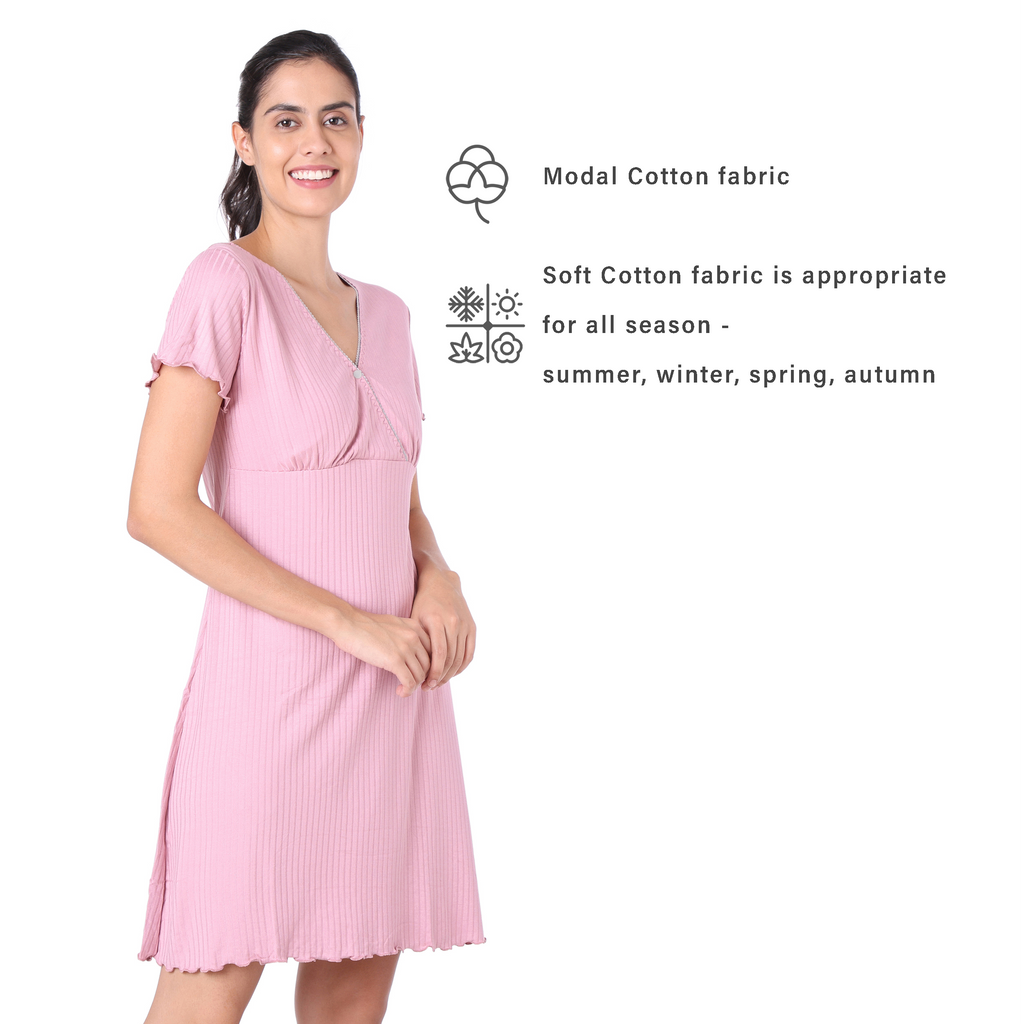 Motherly Women's Soft Modal Cotton Maternity Nursing Top and Skirt Loungewear (Large, Pink-Style4) - MOTHERLY