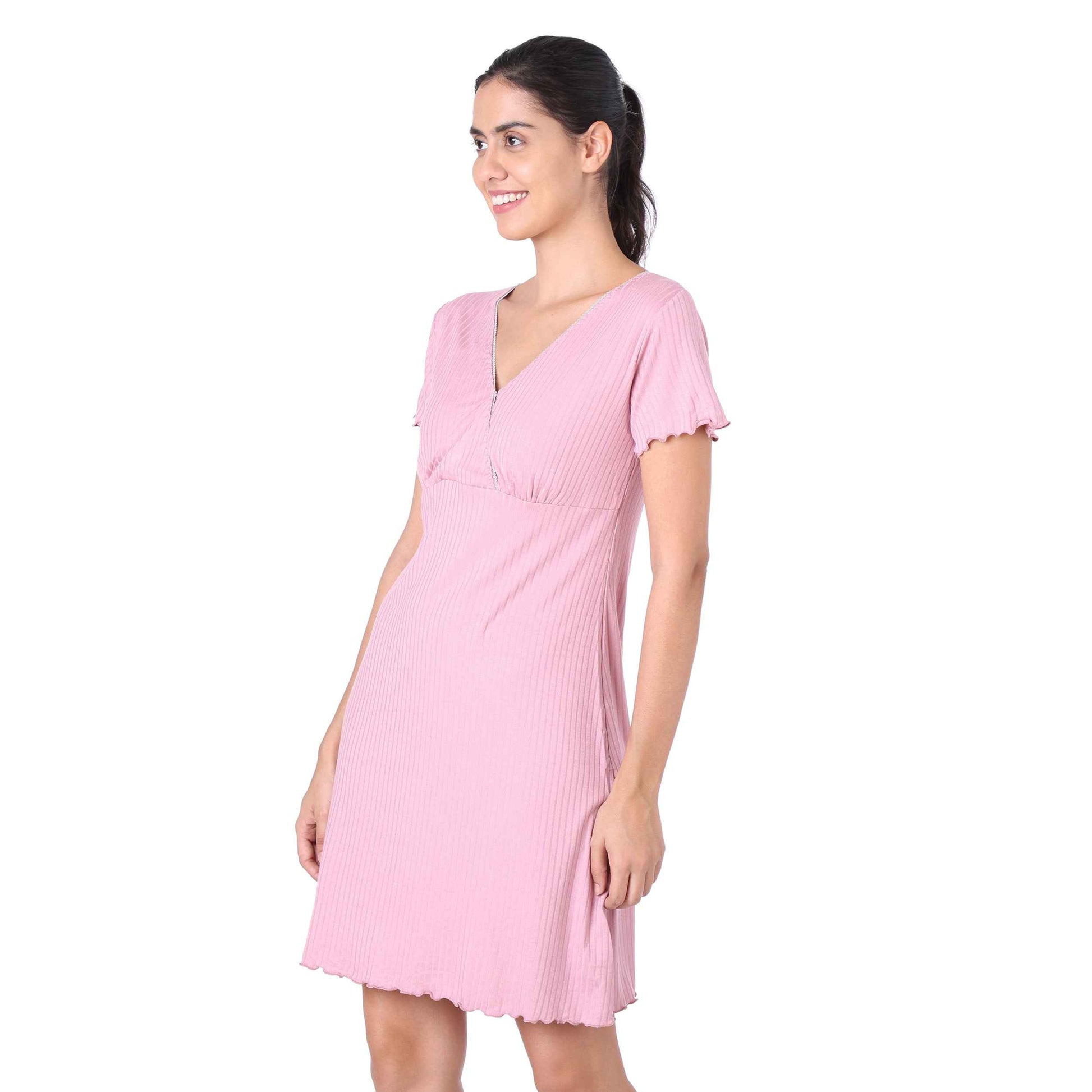 Motherly Women's Soft Modal Cotton Maternity Nursing Top and Skirt Loungewear (Large, Pink-Style4)