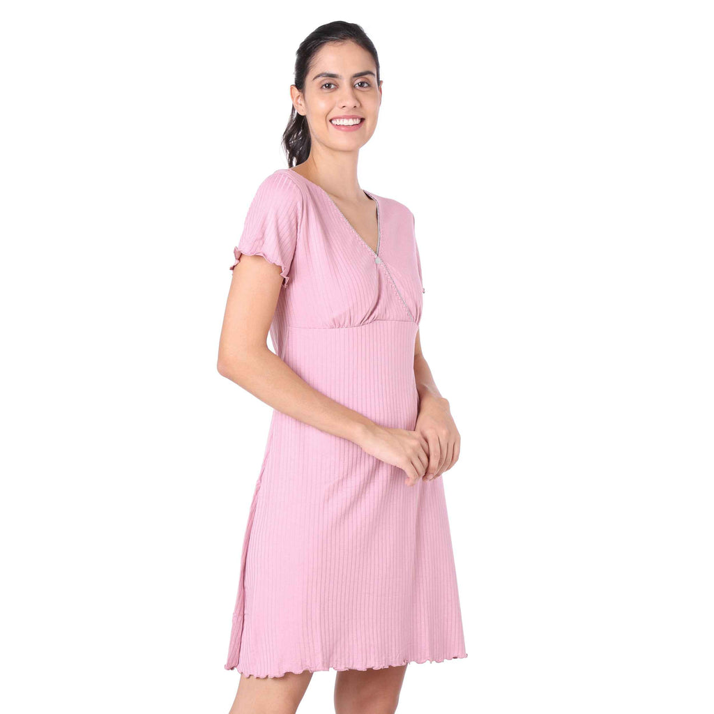 Motherly Women's Soft Modal Cotton Maternity Nursing Top and Skirt Loungewear (Large, Pink-Style4)