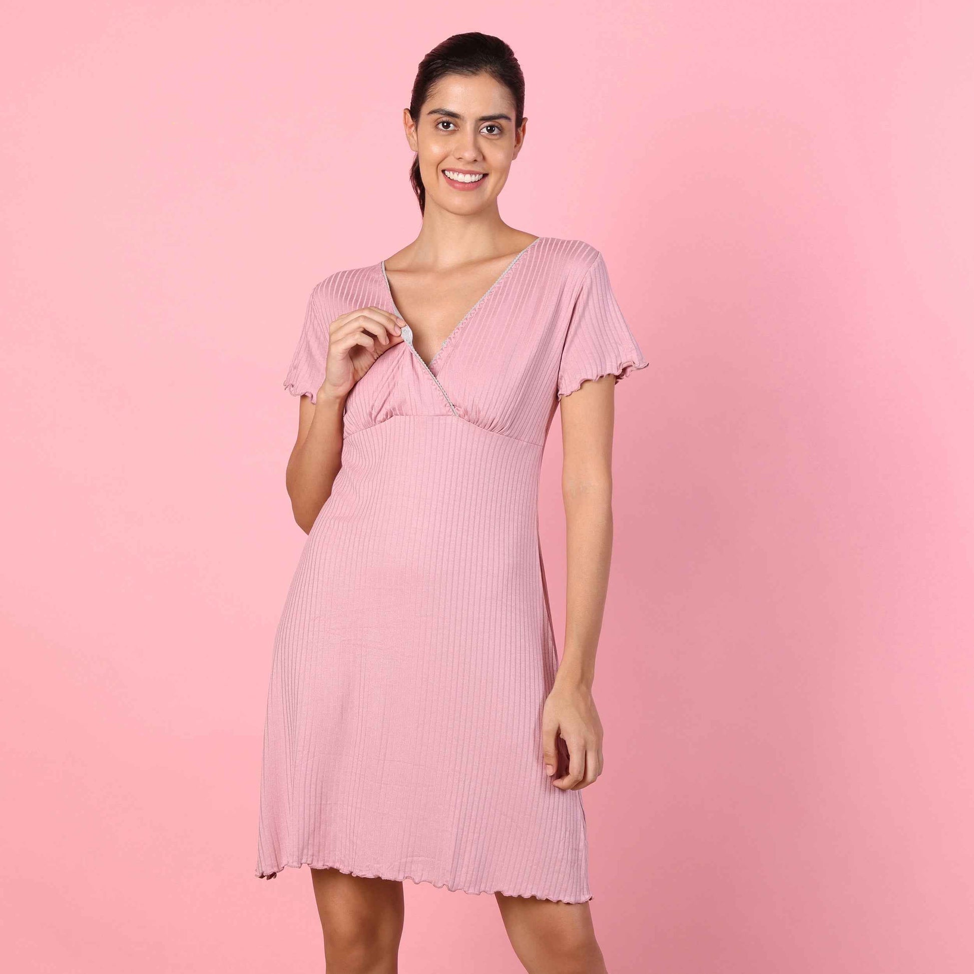 Motherly Women's Soft Modal Cotton Maternity Nursing Top and Skirt Loungewear (Large, Pink-Style4)