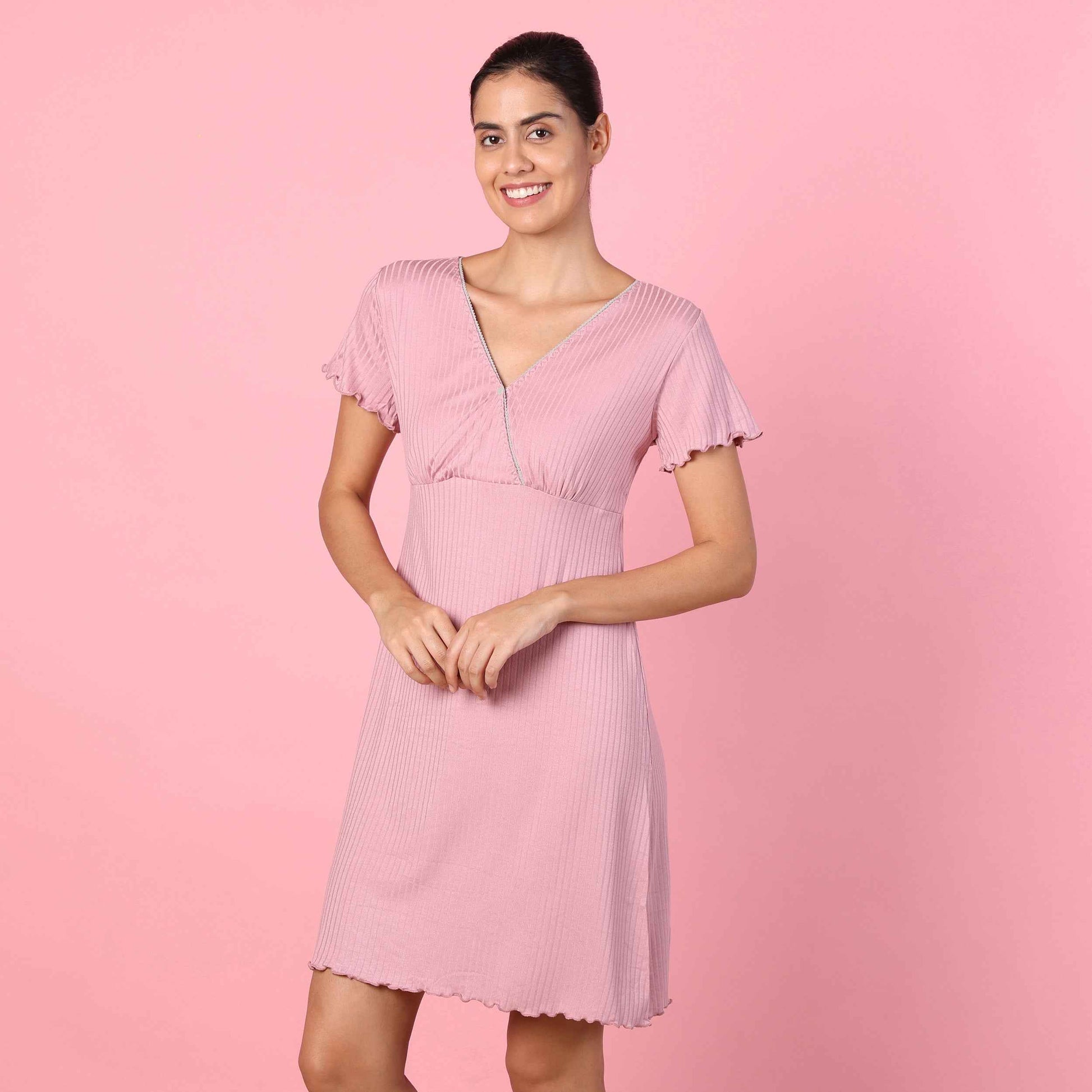 Motherly Women's Soft Modal Cotton Maternity Nursing Top and Skirt Loungewear (Large, Pink-Style4)