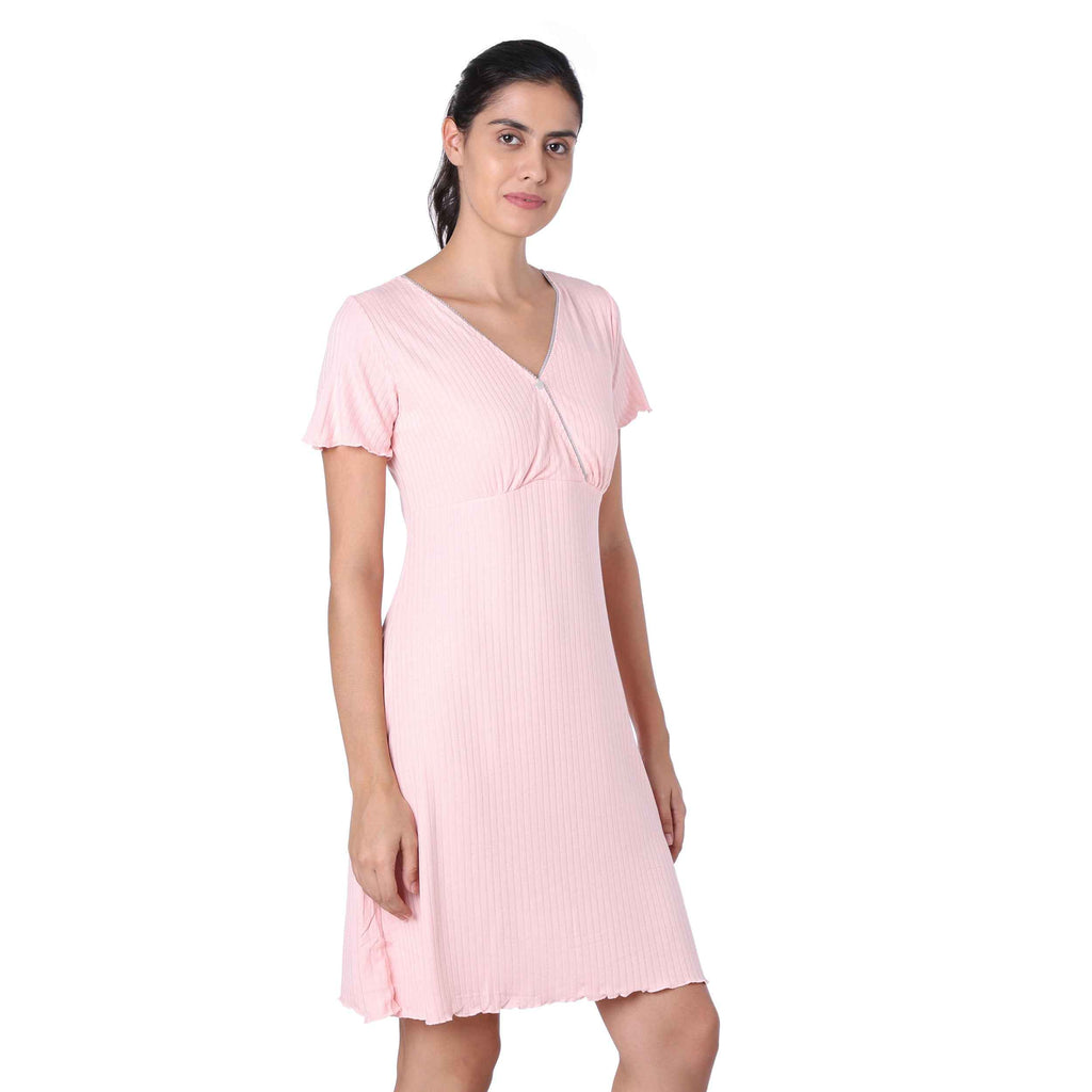 Motherly Women's Soft Modal Cotton Maternity Nursing Top and Skirt Loungewear (Large, Pink-Style4)