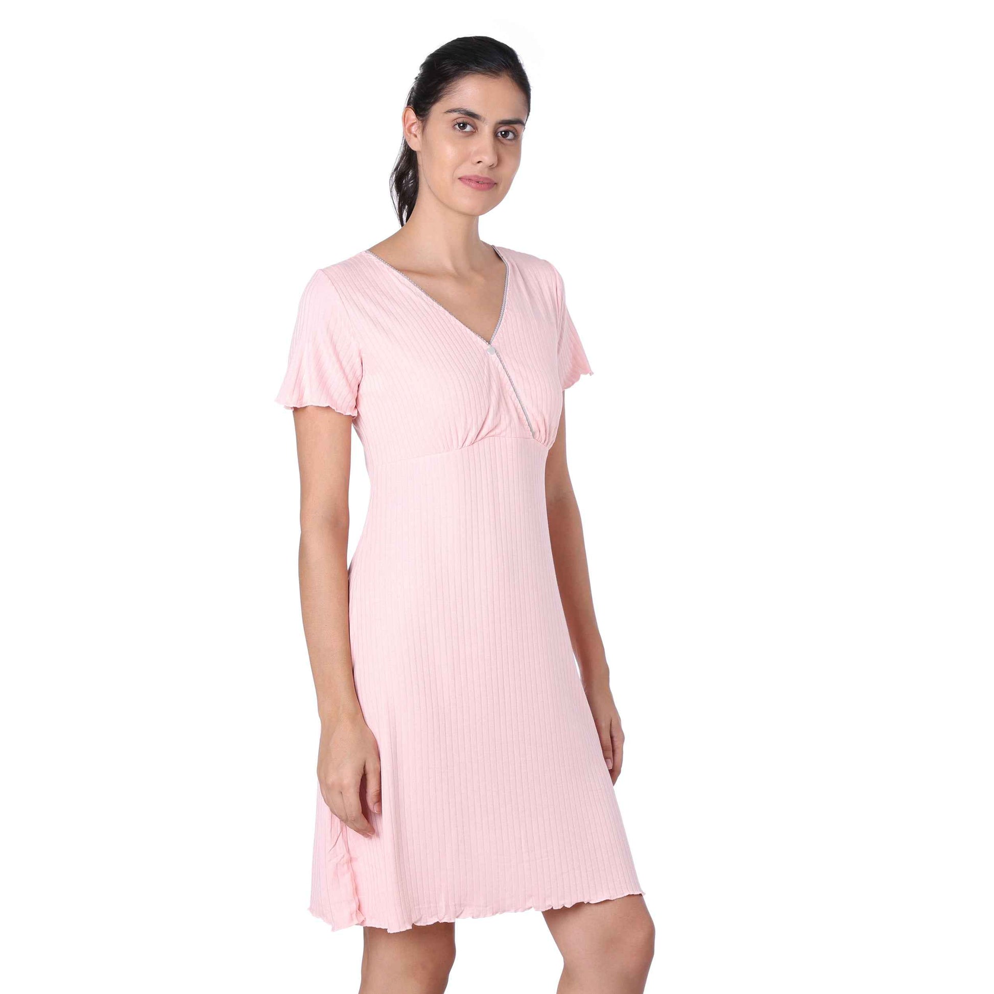 Motherly Women's Soft Modal Cotton Maternity Nursing Top and Skirt Loungewear (Large, Pink-Style4)