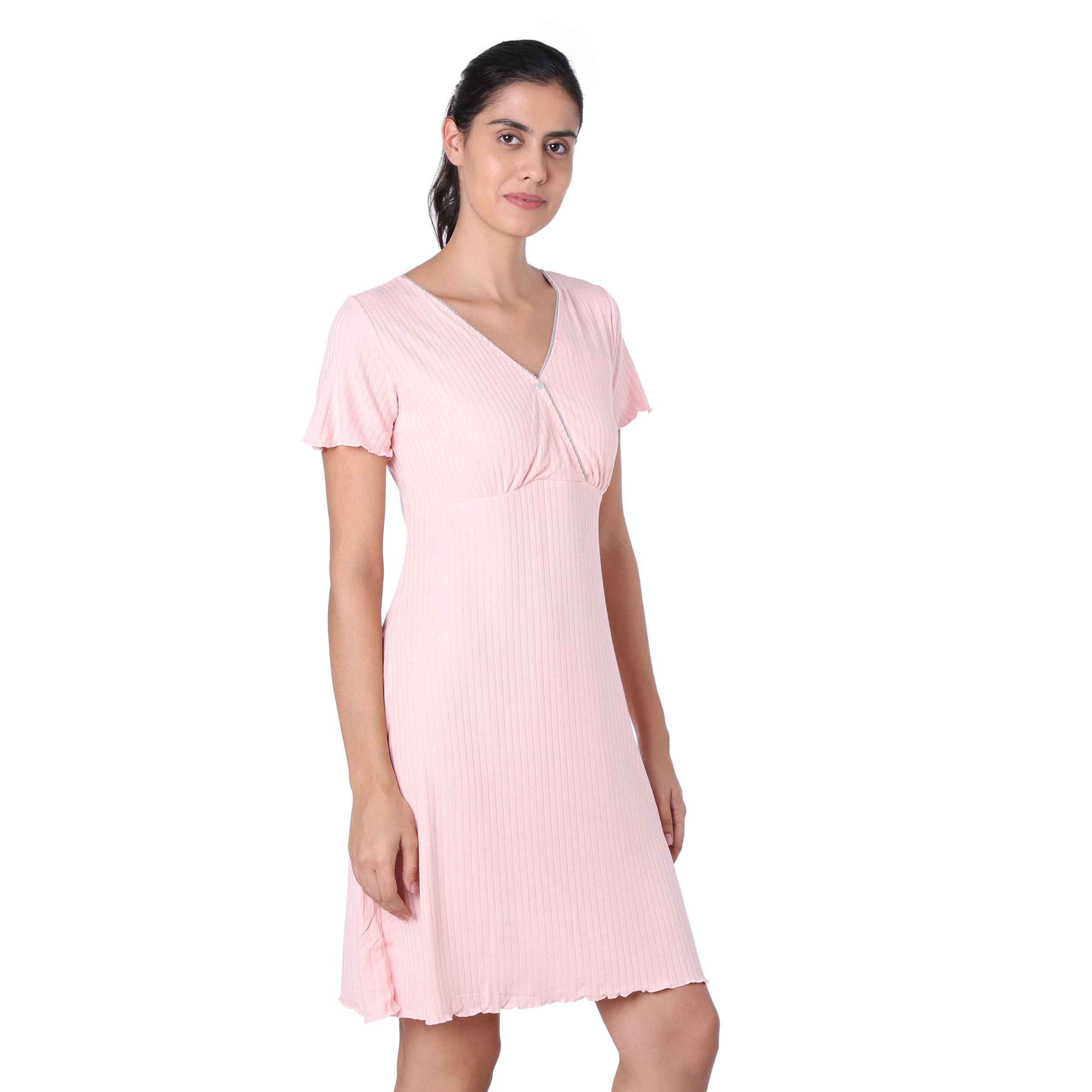 Motherly Women's Soft Modal Cotton Maternity Nursing Top and Skirt Loungewear (Large, Pink-Style4)