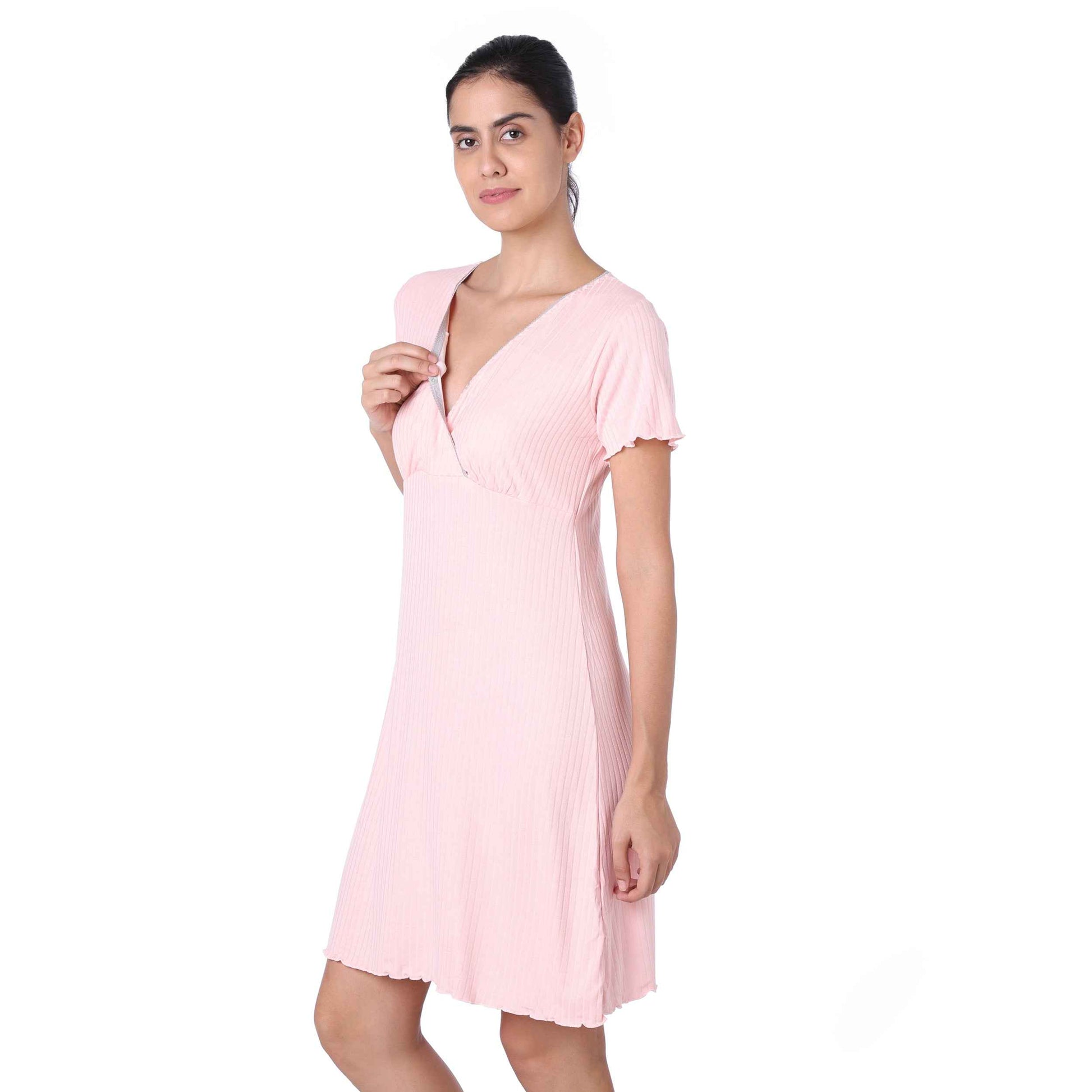 Motherly Women's Soft Modal Cotton Maternity Nursing Top and Skirt Loungewear (Large, Pink-Style4)