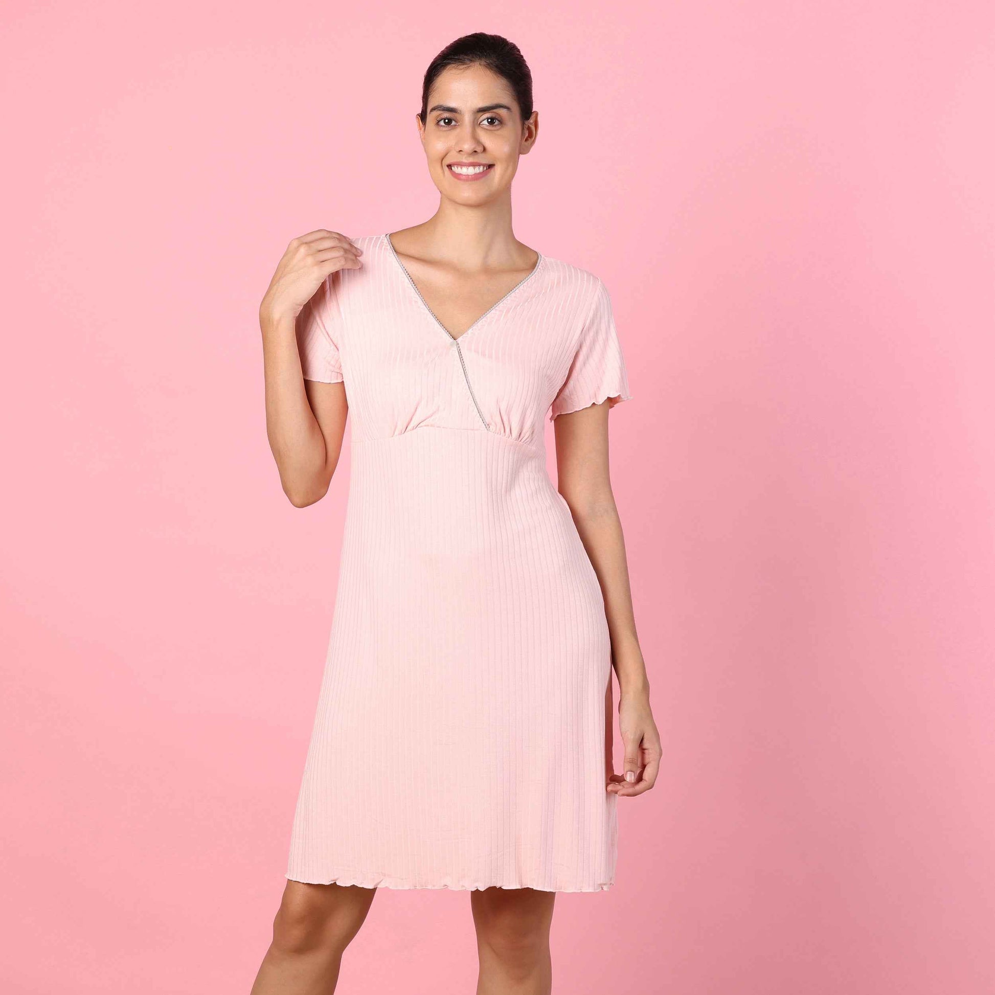 Motherly Women's Soft Modal Cotton Maternity Nursing Top and Skirt Loungewear (Large, Pink-Style4)