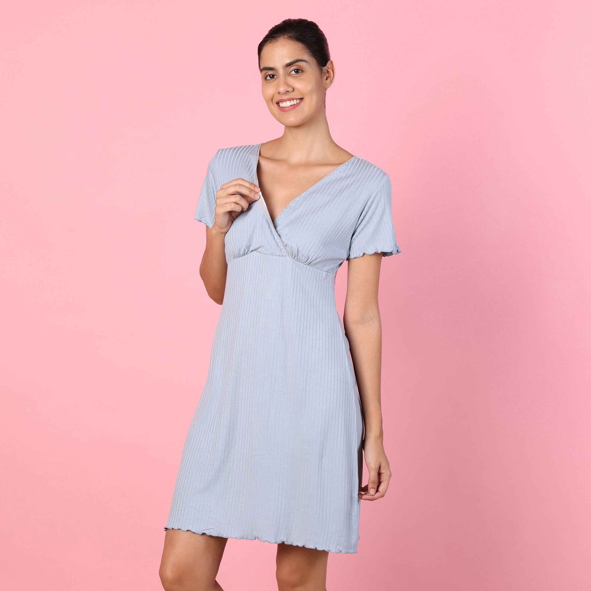 Motherly Women's Soft Modal Cotton Maternity Nursing Top and Skirt Loungewear (Large, Pink-Style4)